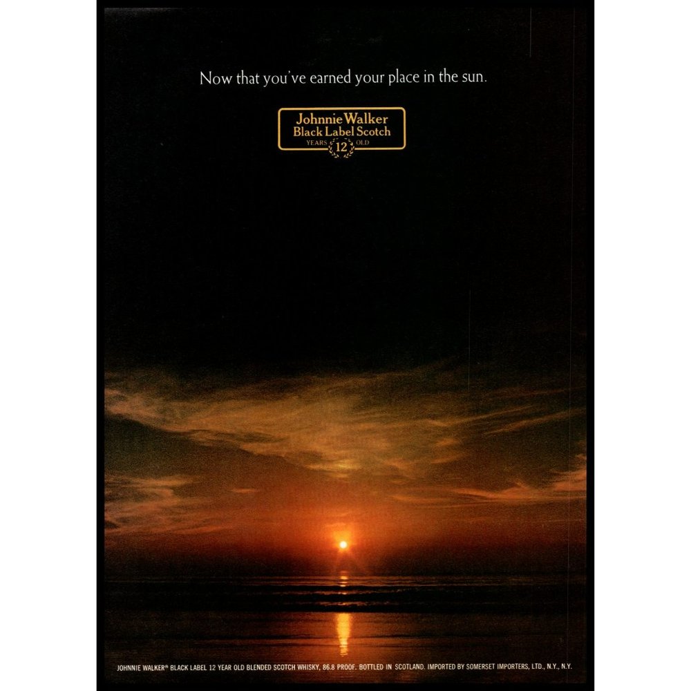 1974 Johnnie Walker Black Label Scotch Color Vintage Print Ad Sunset Beach Art